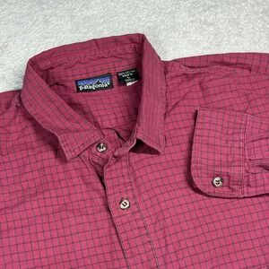 Patagonia Large Button Down Shirt Mens Red Grid Check Long Sleeve Cotton